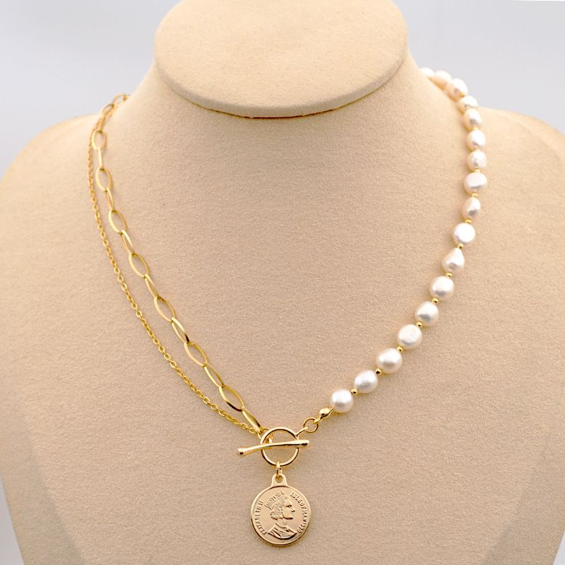 Retro Round Pearl Titanium Steel Beaded Chain Pendant Necklace 1 Piece