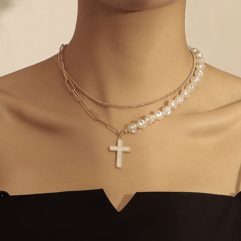 Elegant Cross Alloy Plating Artificial Pearls Shell Women's Layered Necklaces