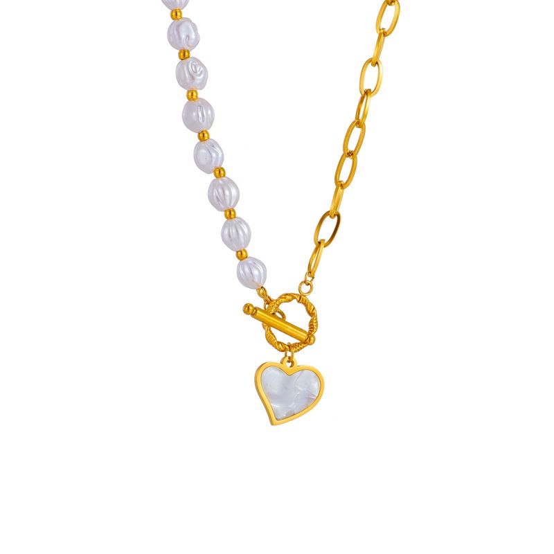 Perla Artificial Acero Titanio Chapados en oro de 18k Moda Con Cuentas Enchapado Embutido Forma De Corazón Perlas Artificiales Collar Colgante