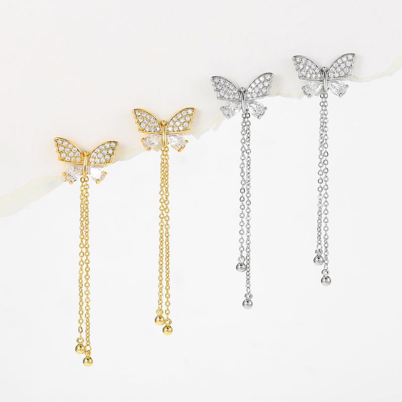 1 Pair Ig Style Tassel Butterfly Inlay Copper Zircon 18k Gold Plated Drop Earrings