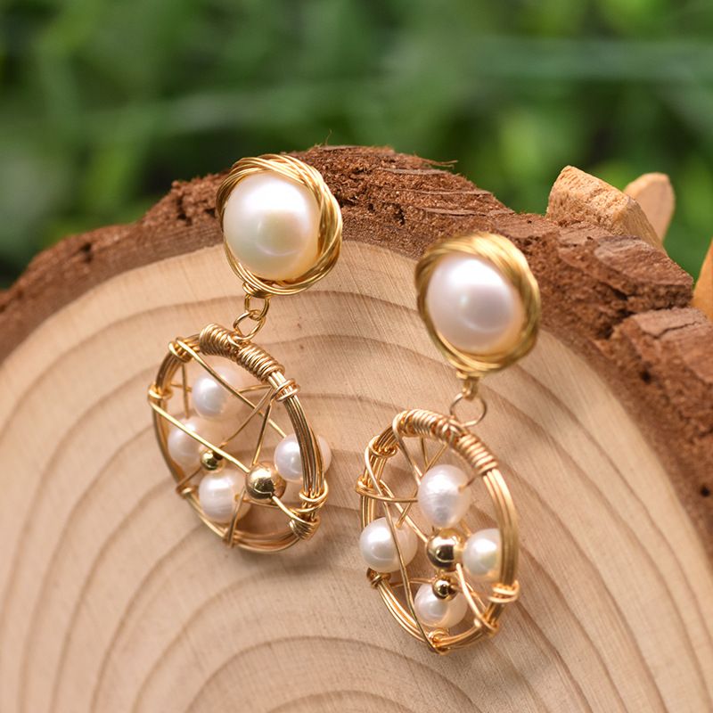 Ethnic Style Round Copper Pearl Drop Earrings 1 Pair