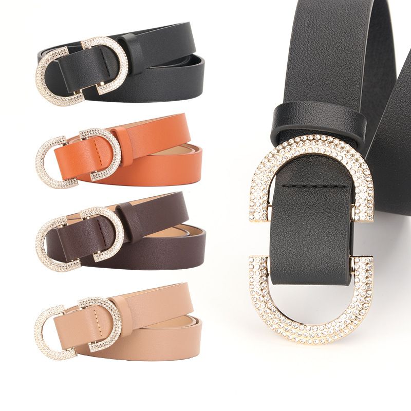 Casual Solid Color Pu Leather Alloy Plating Rhinestones Women's Leather Belts 1 Piece