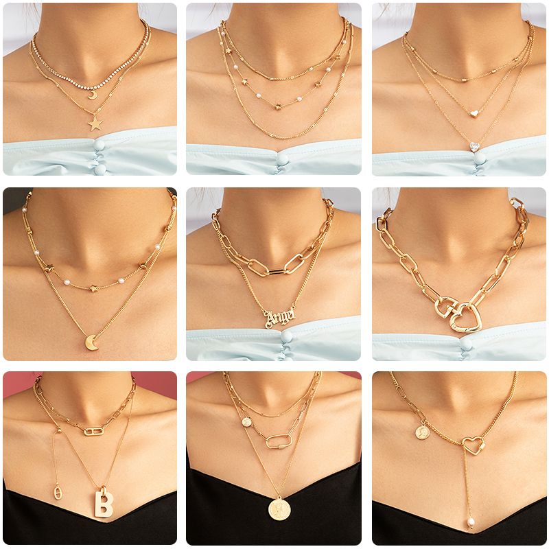 Fashion Star Moon Copper Inlay Zircon Layered Necklaces 1 Piece