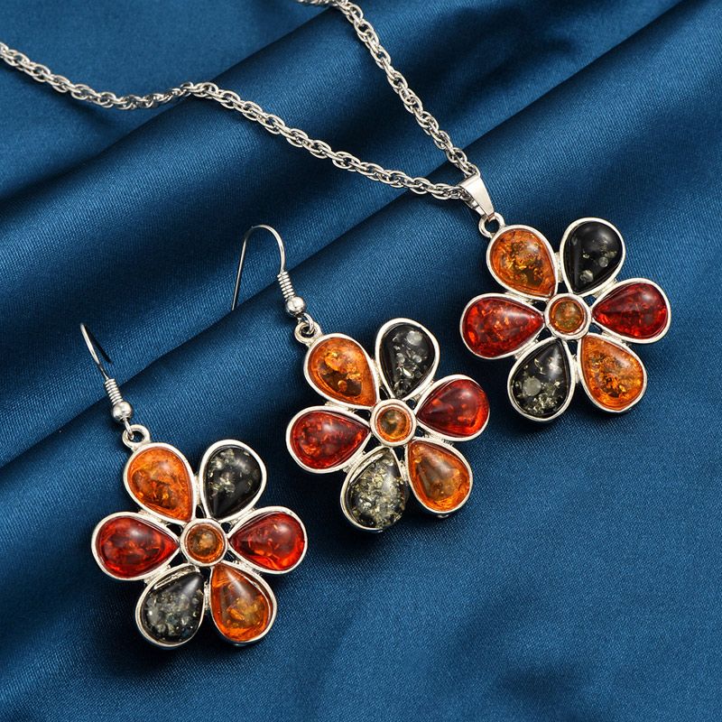 1 Set Classic Style Flower Alloy Inlay Resin Women's Earrings Necklace Jewelry Set