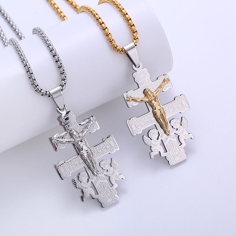 304 Stainless Steel 18K Gold Plated Hip-Hop Punk Cross Angel Angel Wings No Inlaid Pendant Necklace