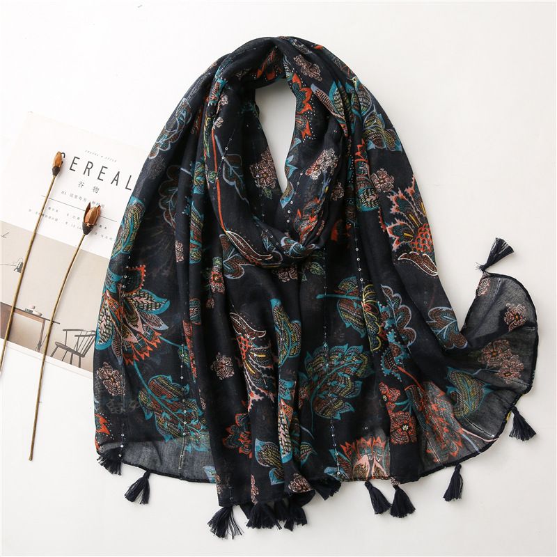 Women's Ethnic Style Ditsy Floral Cotton And Linen Tassel Winter Scarves