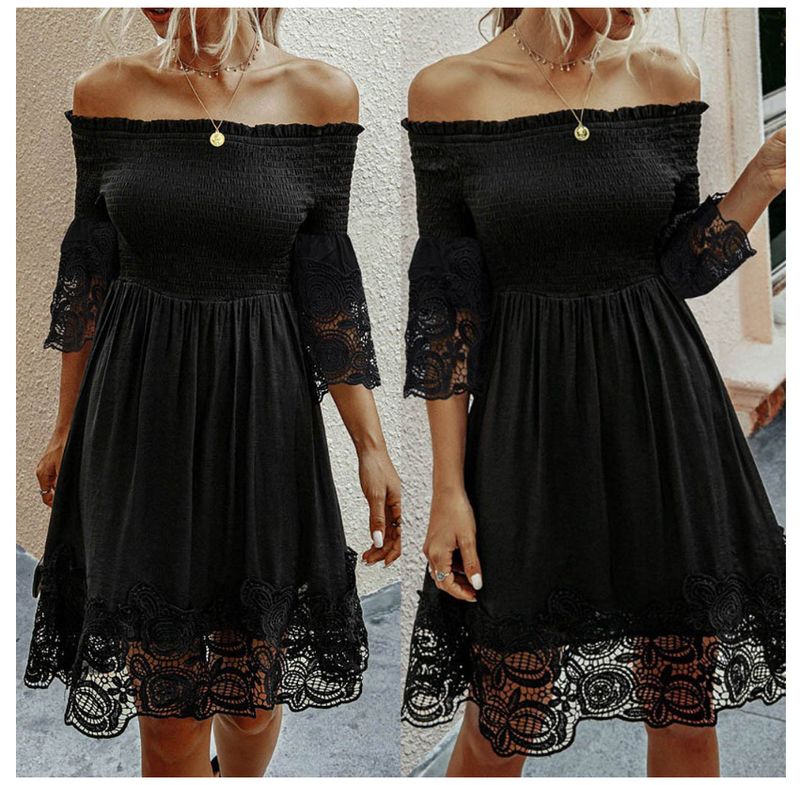 Women's Regular Dress Fashion Boat Neck Hollow Out Half Sleeve Solid Color Knee-length Daily