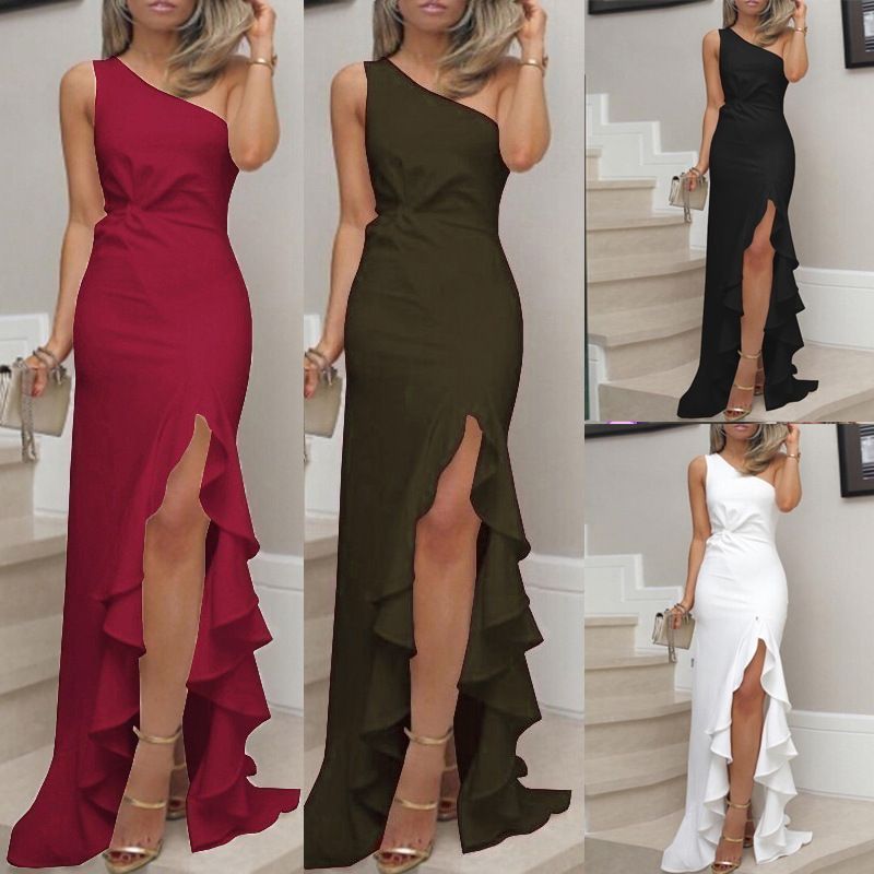 Women's Irregular Skirt Fashion Off Shoulder Slit Solid Color Maxi Long Dress Banquet