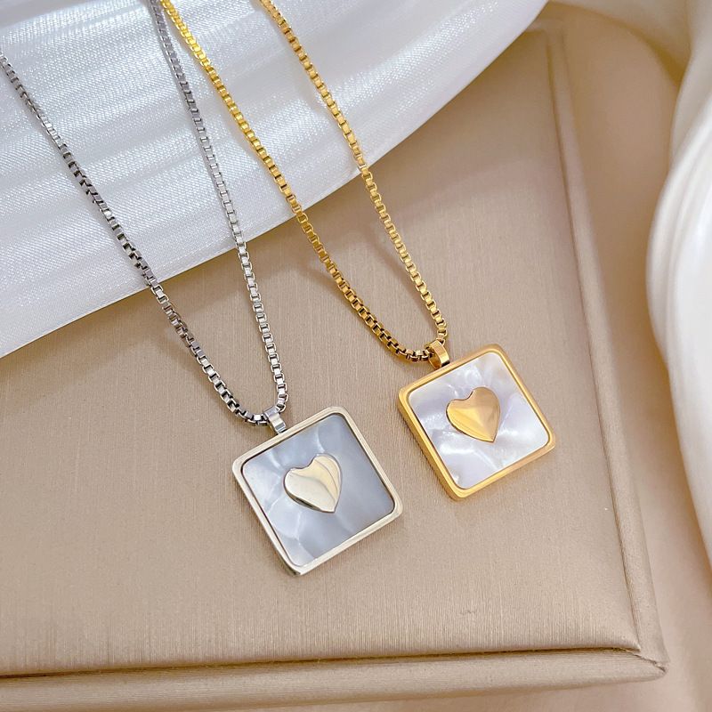 Lady Square Heart Shape Shell Titanium Steel Plating Pendant Necklace 1 Piece