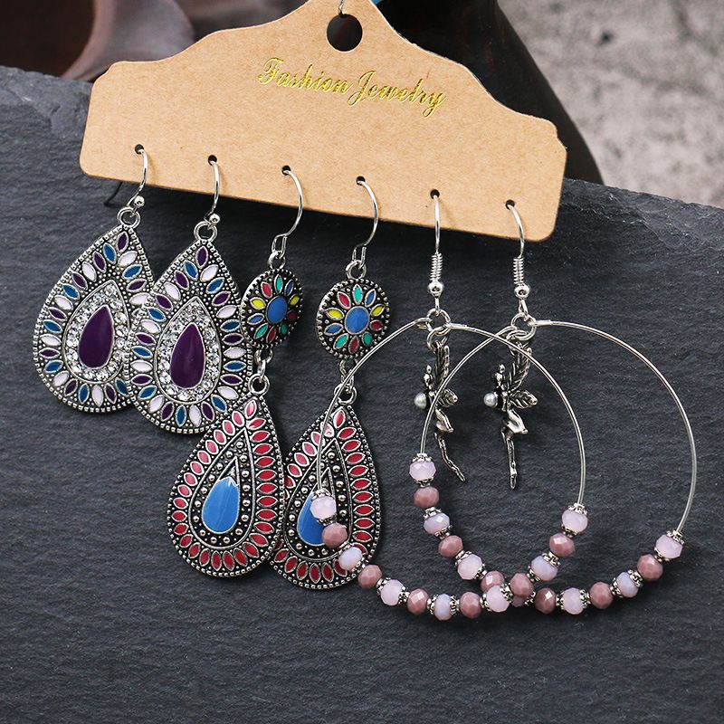 Wholesale Jewelry 1 Set Bohemian Round Water Droplets Flower Alloy Earrings