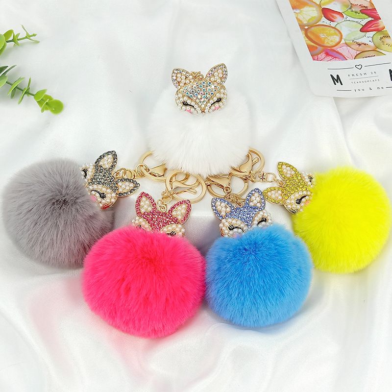 Cute Fox Imitate Rex Rabbit Fur Alloy Plating Artificial Pearls Rhinestones Bag Pendant Keychain