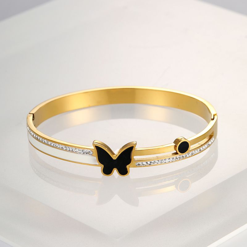 Fashion Shiny Butterfly Stainless Steel Gold Plated Zircon Bangle 1 Piece