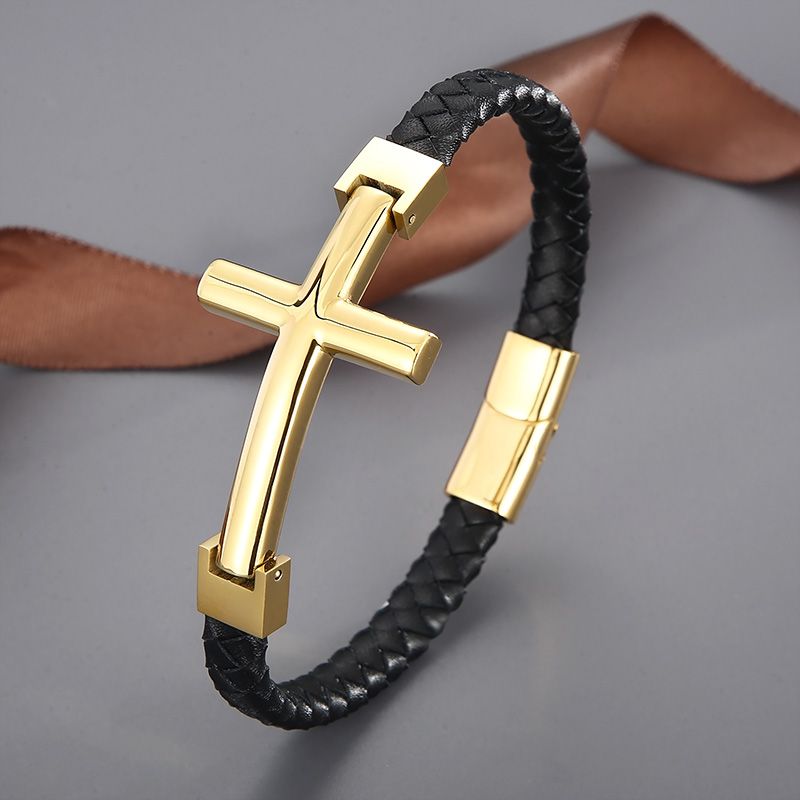 Hip-hop Cross Stainless Steel Leather Braid Men's Bangle