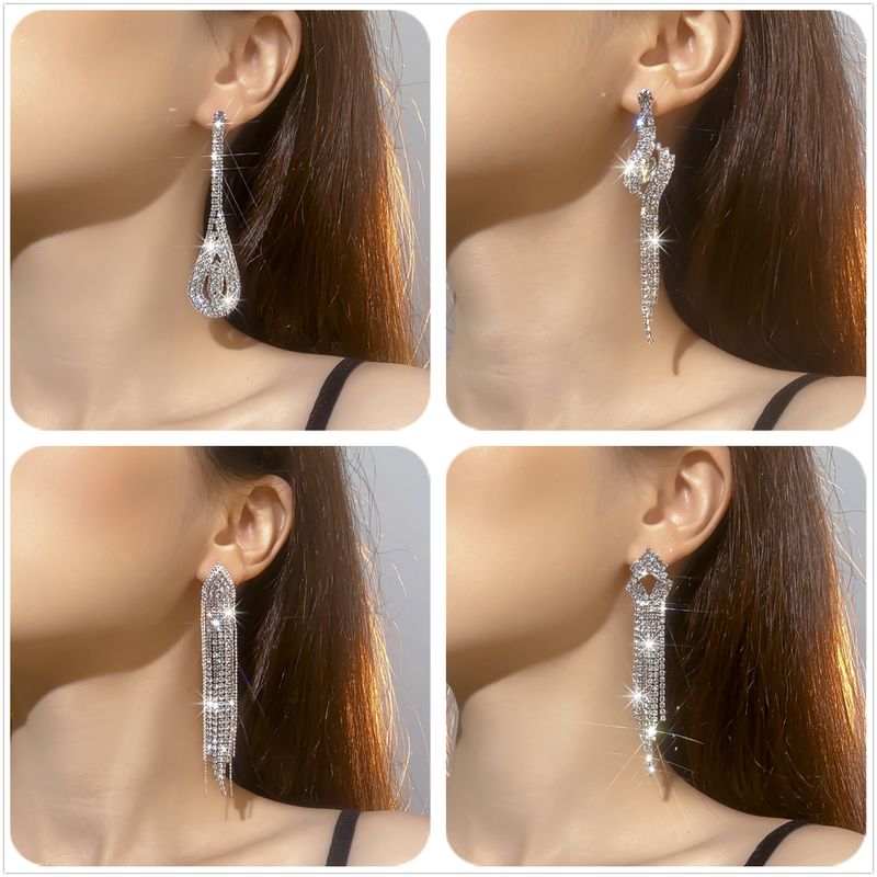 Glam Geometric Rhinestone Tassel Drop Earrings 1 Pair