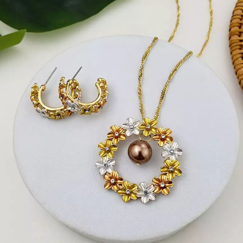 1 Set Fashion Flower Copper Pearl Plating Inlay Zircon Women's Earrings Necklace