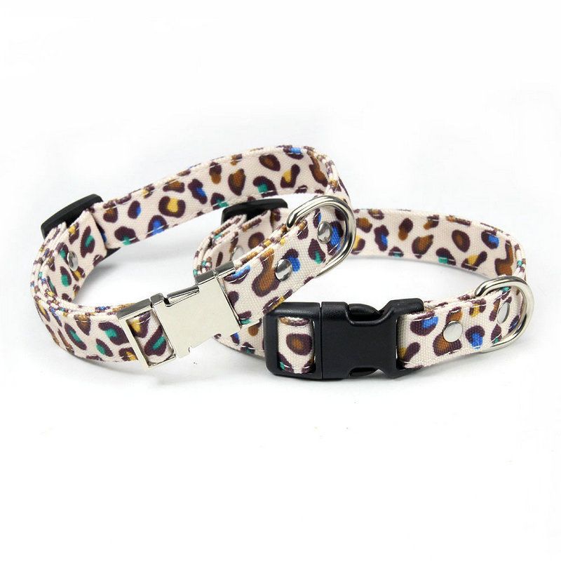 Fashion Leopard Print Canvas Dog Collar Metal Buckle Leash Set Pet Collar