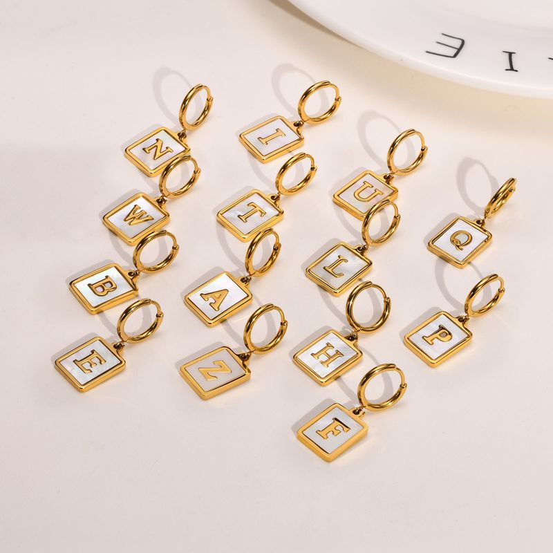 Simple Style Letter Square Stainless Steel Plating Inlay Shell Drop Earrings 1 Pair