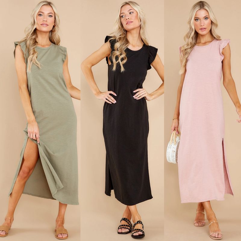 Women's A-line Skirt Fashion Round Neck Sleeveless Solid Color Maxi Long Dress Casual