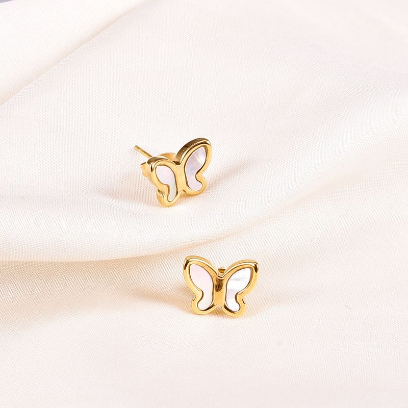 Fashion Butterfly Titanium Steel Plating Inlay Shell Ear Studs 1 Pair