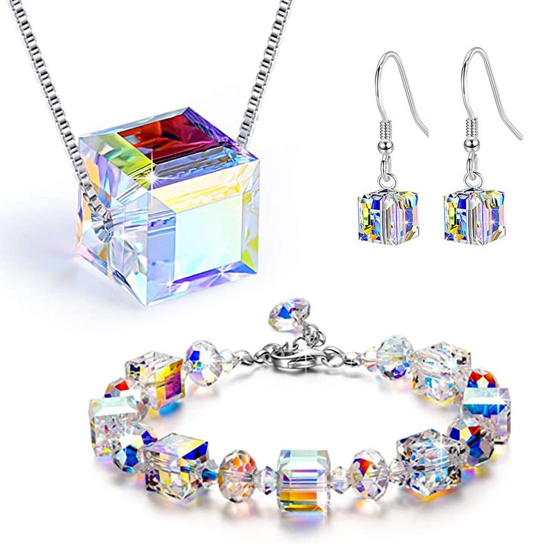 Fashion Geometric Square Austrian Crystal Women's Bracelets Earrings Necklace