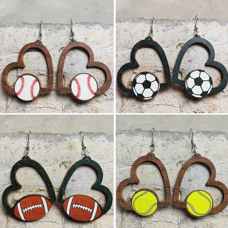 Sports Heart Shape Wood Null Printing Shape/pattern Women's Earrings