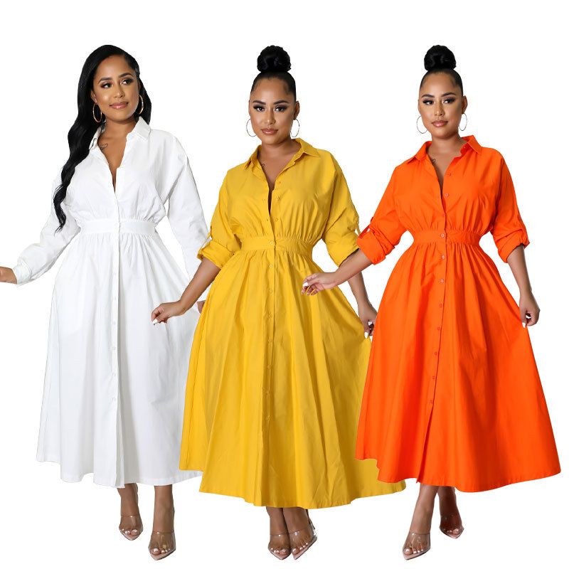 Women's Shirt Dress Fashion Turndown Long Sleeve Solid Color Maxi Long Dress Daily