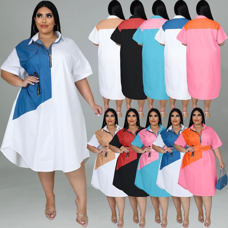 Frau Normales Kleid Lässig V-ausschnitt Reißverschluss Patchwork Kontrastbindung Kurzarm Farbblock Maxi Langes Kleid Täglich