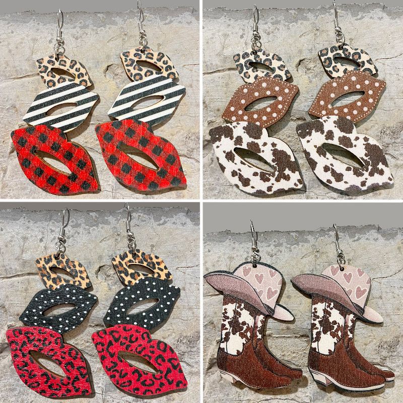 Fashion Lips Wood Printing Women's Drop Earrings 1 Pair