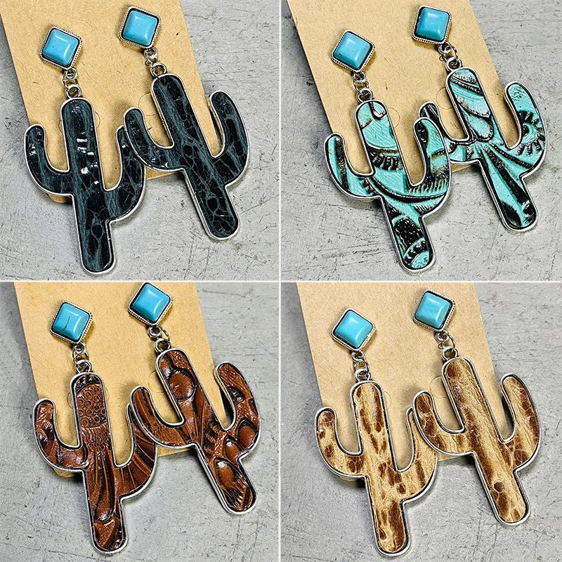 Retro Cactus Alloy Inlay Turquoise Women's Drop Earrings 1 Pair
