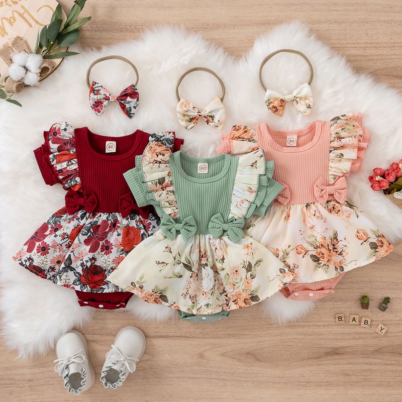 Fashion Flower Bow Knot Patchwork Cotton Polyester Baby Rompers