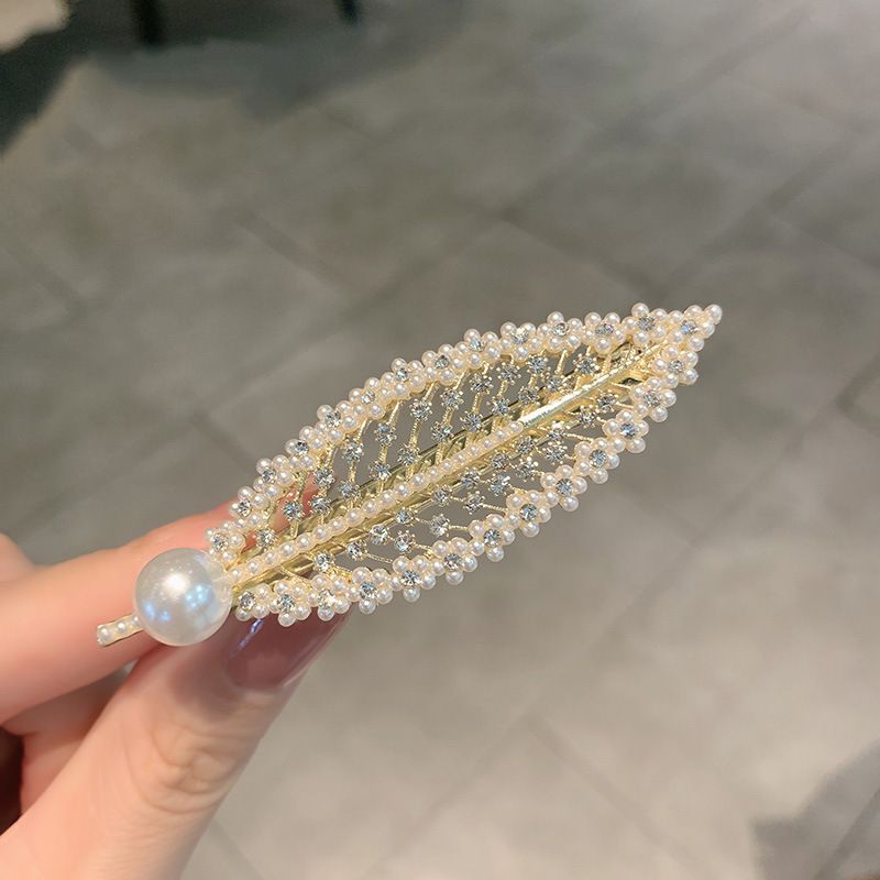 Fashion Leaf Alloy Inlay Artificial Pearls Rhinestones Hair Clip 1 Piece