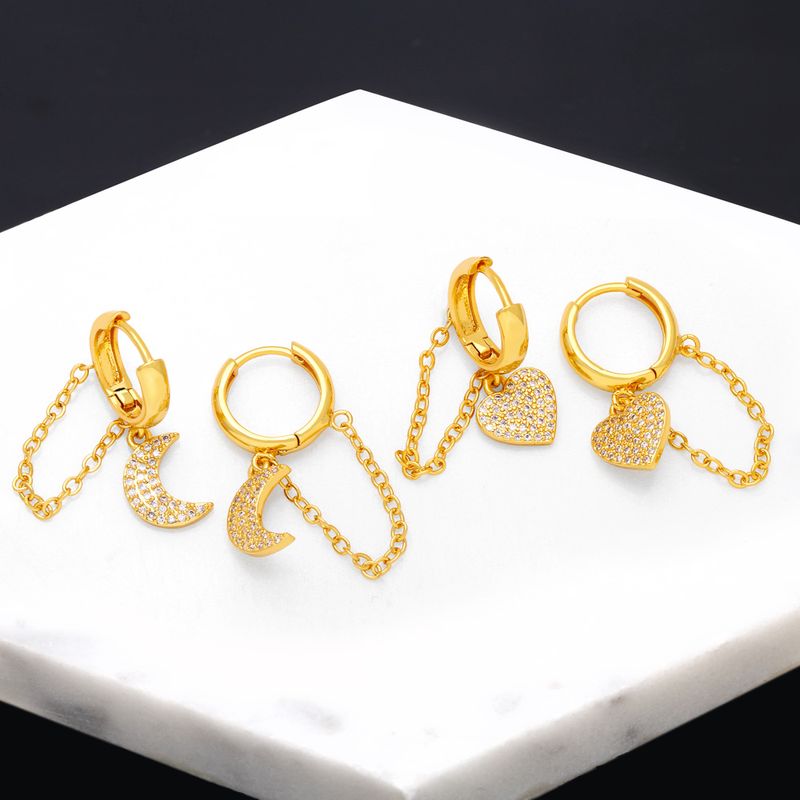 Fashion Star Moon Heart Shape Copper Plating Chain Zircon Drop Earrings 1 Pair