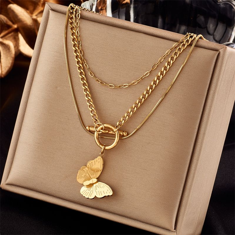Fashion Butterfly Titanium Steel Plating Layered Necklaces