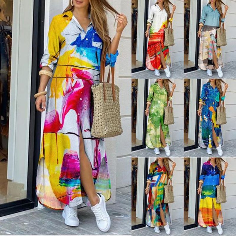 Women's A-line Skirt Casual Shirt Collar Long Sleeve Color Block Maxi Long Dress Daily Street