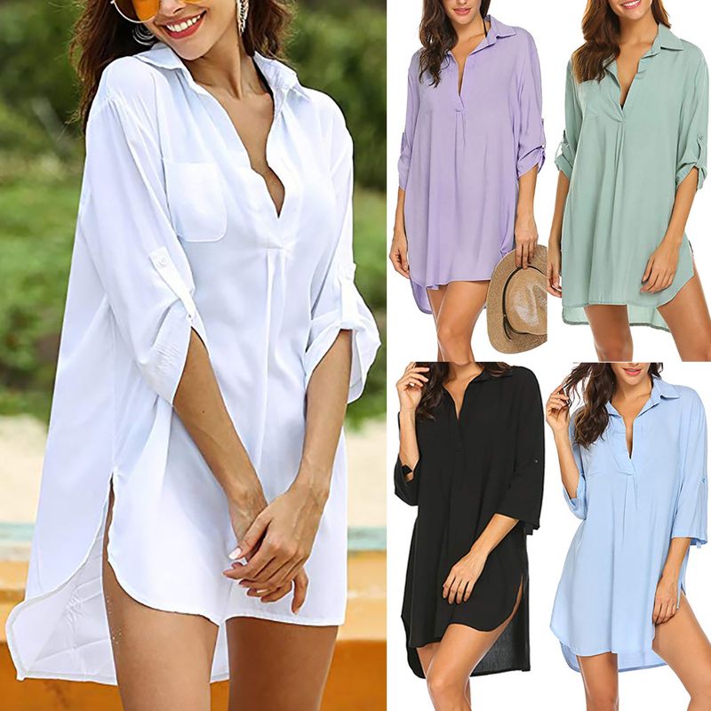 Spring/summer 2022   European And American Women's Clothing Deep V Neckline Stylish Beach Sun Protection Swimsuit Shirt Dress
