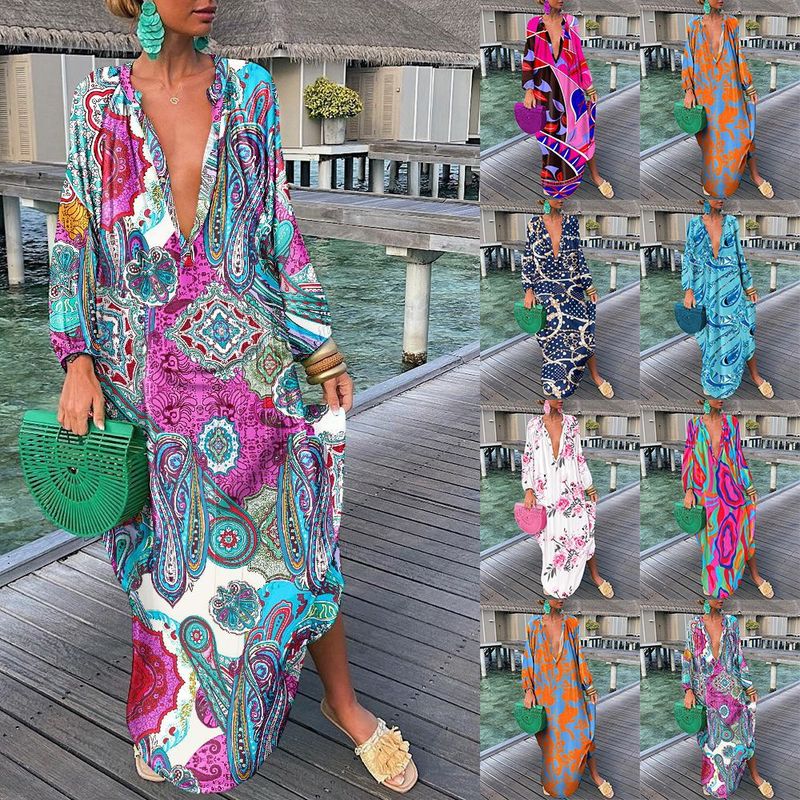 Women's Irregular Skirt Tropical V Neck Printing Contrast Binding Long Sleeve Color Block Maxi Long Dress Daily