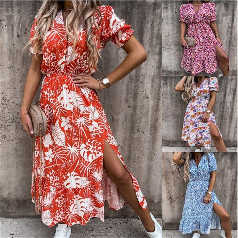 Lässig Blume V-ausschnitt Kurzarm Drucken Schlitz Polyester Kleider Maxi Langes Kleid Normales Kleid