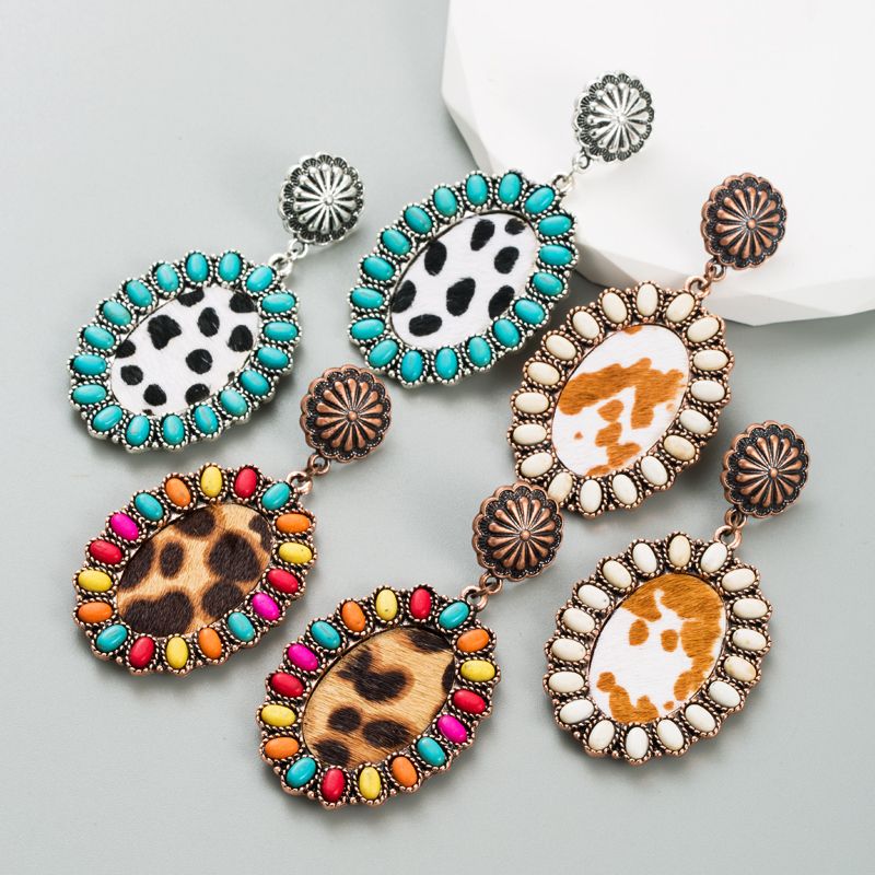 Estilo Vintage Oval Leopardo Cuero Sintético Aleación Embutido Turquesa Mujeres Aretes 1 Par