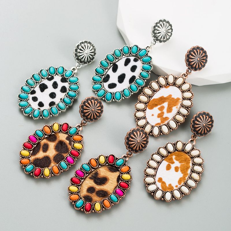 Vintage Style Oval Leopard Pu Leather Alloy Inlay Turquoise Women's Earrings 1 Pair