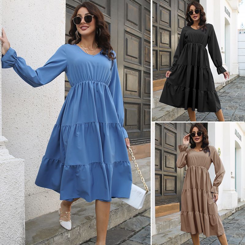 Women's Casual V Neck Ruffles Long Sleeve Solid Color Knee-length Street