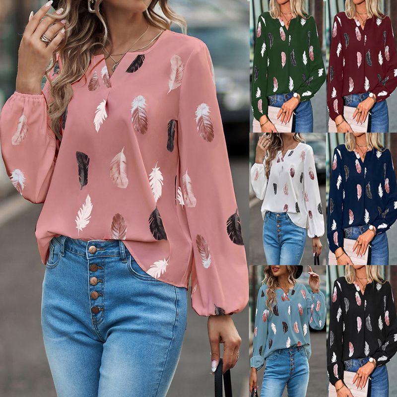 Mujeres Blusa Manga Larga Blusas Impresión Elegante Pluma