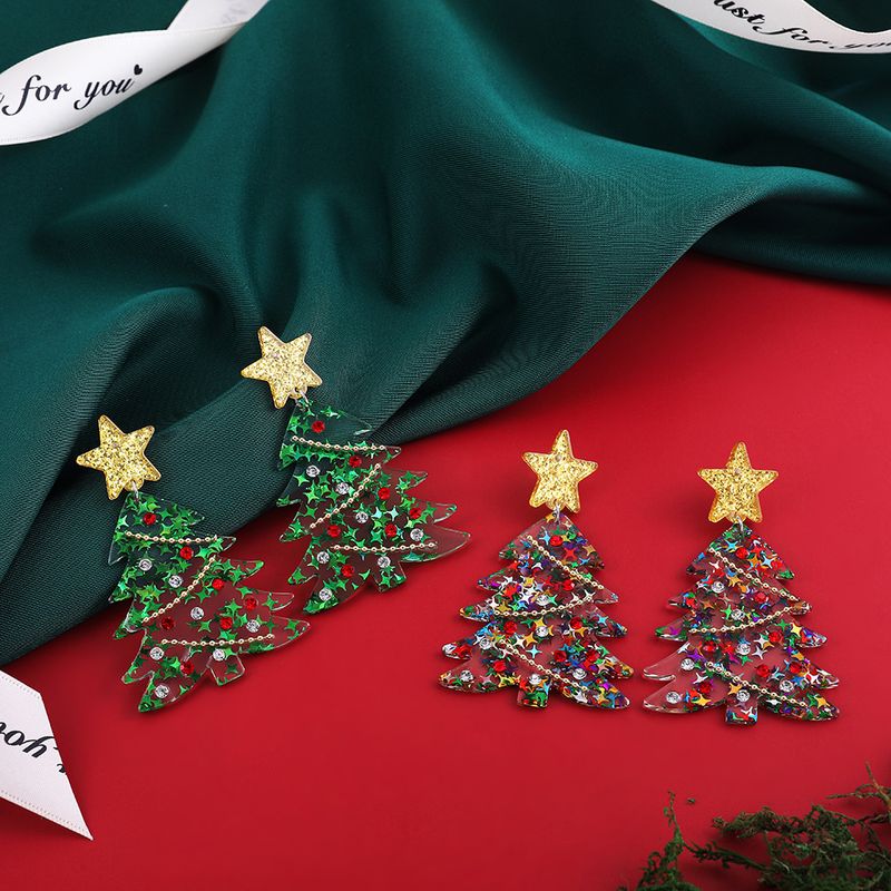 Moda Árbol De Navidad Arílico Ahuecar Embutido Circón Navidad Mujeres Aretes 1 Par