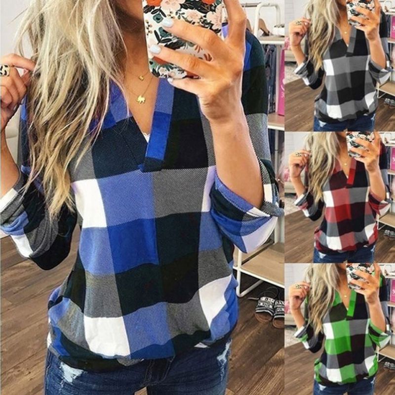 Women's Blouse Long Sleeve Blouses Printing Patchwork Casual Plaid