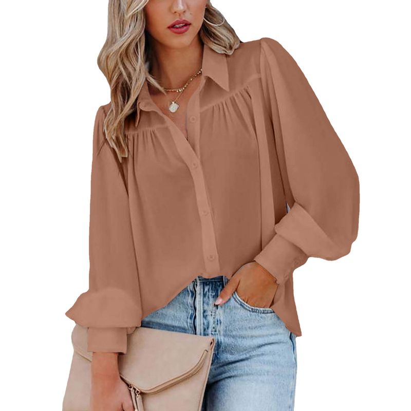 Women's Blouse Long Sleeve Blouses Patchwork Button Elegant Solid Color