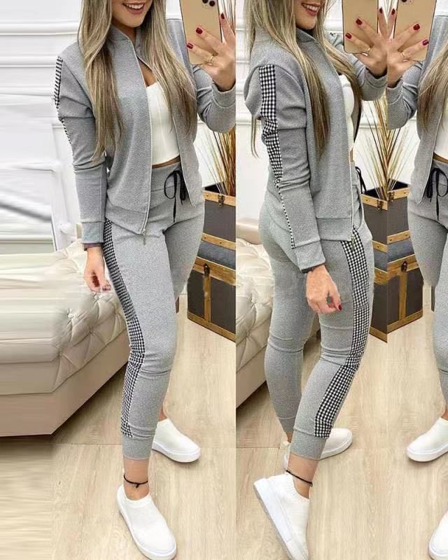 Women's Casual Plaid Printing Patchwork Pants Sets