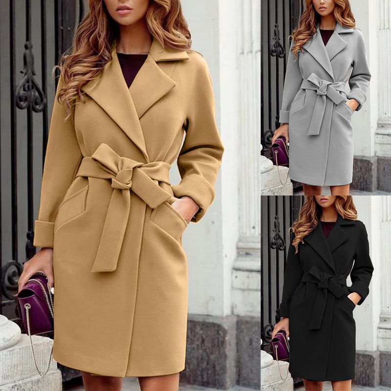 Women's Fashion Solid Color Tie Coat Woolen Coat