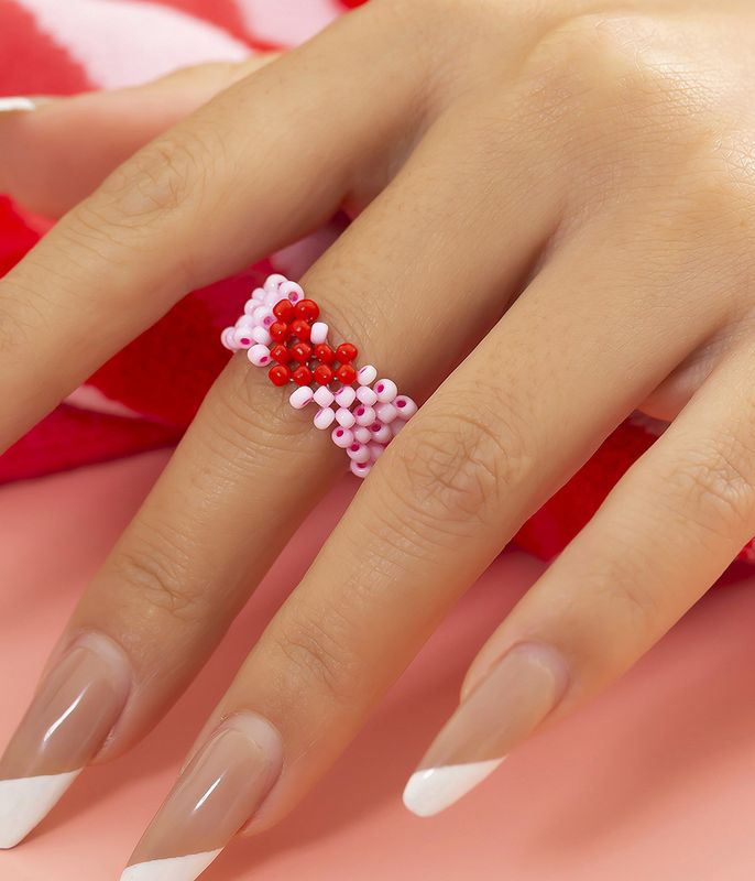 Fashion Colorful Rice Beads Wide-brimmed Ring Simple Contrasting Color Heart Shape Woven Ring