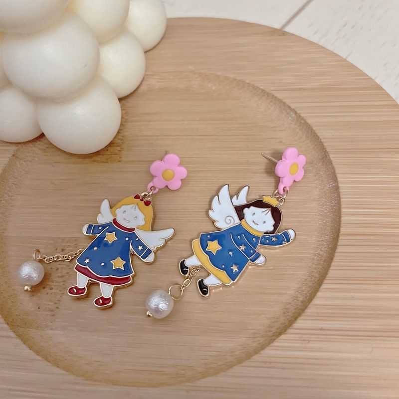 Korean Imitation Pearl Flower Angel Earrings Fashion Dripping Oil Earrings