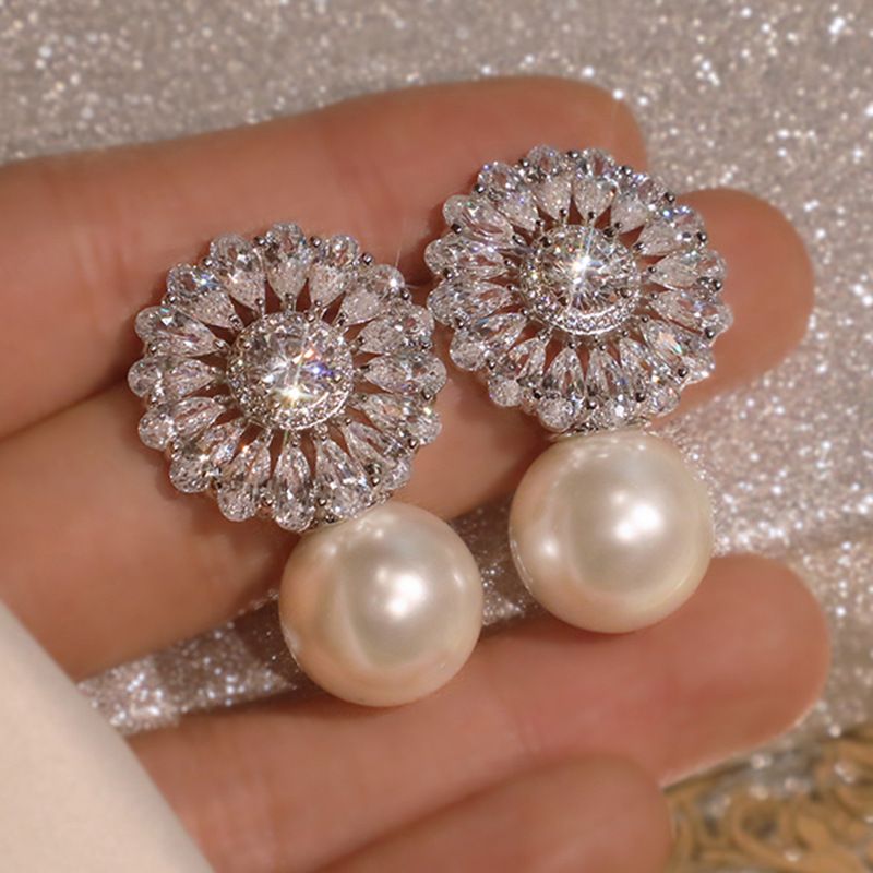 Nouvelle Mode Fleur Perle Zircon Boucles D&#39;oreilles Nuptiale Fiançailles Bijoux En Cuivre