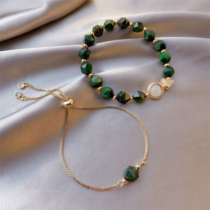 Pulsera De Piedras Preciosas Verdes Simples Pulsera De Aleación De Piedra De Ojo De Tigre De Estilo Coreano Juego De 2 Piezas